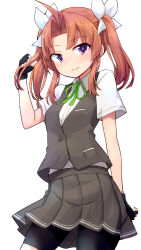  1girl ahoge bike_shorts bike_shorts_under_skirt black_eyes black_gloves black_shorts brown_hair collared_shirt commission cowboy_shot dress_shirt fingerless_gloves gloves green_ribbon grey_skirt grey_vest highres kagerou_(kancolle) kagerou_kai_ni_(kancolle) kakizaki_(chou_neji) kantai_collection long_hair neck_ribbon pleated_skirt ribbon shirt shorts skeb_commission skirt solo twintails vest white_shirt 