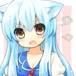  &gt;:o animal_ears blue_hair breasts brown_eyes cat_ears cleavage dress highres kamishirasawa_keine kemonomimi_mode long_hair no_hat no_headwear open_mouth puffy_sleeves sad_fuka solo touhou 