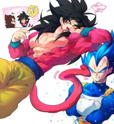  2boys black_hair blue_eyes blue_sash dougi dragon_ball dragon_ball_gt dragon_ball_super dragon_ball_z_dokkan_battle gloves highres long_hair monkey_boy monkey_tail multiple_boys muscular muscular_male ommmyoh open_mouth pants red_fur saiyan sash smile son_goku spiky_hair super_saiyan super_saiyan_4 super_saiyan_blue_evolved tail twitter_username vegeta yellow_pants 