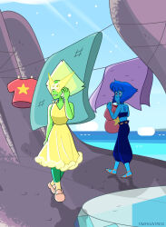  2girls artist_name blue_gem blue_hair blue_skin clenched_teeth closed_mouth colored_skin commentary dress english_commentary face_shield full_body gem gem_(steven_universe) green_gem green_skin hand_up hands_up highres lapis_lazuli_(steven_universe) looking_at_another multiple_girls ocean outdoors shirt short_hair sleeveless smile standing star_(symbol) steven_universe t-shirt teeth timehuntress triangle-shaped_hair yellow_dress yuri 