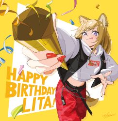  1girl absurdres animal_ear_piercing animal_ears black_jacket blonde_hair character_name closed_mouth commentary_request cowboy_shot cropped_hoodie dog_ears dog_girl dog_tail fingernails happy_birthday highres holding holding_party_popper hood hood_down hoodie itsumeee3 jacket jewelry kmnz lita_(kmnz) long_hair long_sleeves looking_at_viewer midriff multiple_rings nail_polish open_clothes open_jacket pants party_popper red_nails red_pants ring sleeveless sleeveless_jacket smile solo swept_bangs tail tongue tongue_out violet_eyes virtual_youtuber white_hoodie yellow_background 