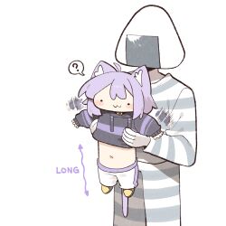  1girl :3 ? ahoge animal_ears cat_ears cat_girl cat_tail chibi cocomayo29_(tomato) commentary_request hair_between_eyes holding hololive hood hoodie korean_commentary longcat_(meme) meme navel nekomata_okayu nekomata_okayu_(1st_costume) object_head onigirya_(nekomata_okayu) purple_hair simple_background speech_bubble tail virtual_youtuber 