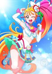  1girl ;d blonde_hair blue_hair blue_sky blurry bokeh bow brooch choker clouds cloudy_sky commentary crop_top cure_summer day depth_of_field earrings elbow_gloves fingerless_gloves flower glove_bow gloves gradient_hair green_eyes hair_flower hair_ornament hair_ribbon hibiscus highres jewelry jumping legs_up long_hair looking_at_viewer magical_girl midriff miniskirt momotarouooi multicolored_eyes multicolored_hair natsuumi_manatsu neckerchief one_eye_closed open_mouth outdoors pact_holder pink_eyes pink_hair pink_sailor_collar pleated_skirt precure red_bow ribbon sailor_collar shell_brooch shirt shoes skirt skirt_bow sky sleeveless sleeveless_shirt smile solo streaked_hair sunlight triangle_earrings tropical-rouge!_precure very_long_hair white_choker white_gloves white_neckerchief white_ribbon white_shirt white_shoes white_skirt 