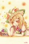  artist_name blonde_hair bow braid colored_pencil_(medium) hair_ornament hairclip hat hat_bow kirisame_marisa lying matilda musical_note on_stomach orange_eyes pastel_(medium) radio ribbon single_braid smile solo touhou traditional_media wink witch witch_hat 