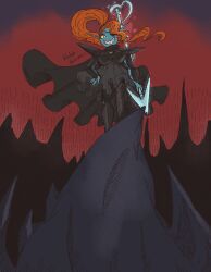  1girl 2017 2d adapted_costume alternate_costume anthro armored_boots artist_name black_cape black_eyepatch blue_skin boots cape colored_sclera colored_skin colored_teeth commentary dated_commentary digital_media dress ear_fins english_commentary eyepatch female female_only fins fish fish_girl floating_cape floating_hair frilled_dress frills grin head_fins high_ponytail holding holding_polearm holding_spear holding_weapon long_hair looking_at_viewer magical_girl monster monster_girl pauldrons petite-pumpkin polearm ponytail red_hair sharp_teeth simple_background slit_pupils smile solo spear teeth undertale undyne utdr_(toby_fox) weapon white_background yellow_sclera yellow_teeth 