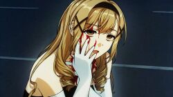  1girl bang_dream! black_hairband blonde_hair blood blood_on_face commentary elbow_gloves english_commentary gloves hair_ornament hairband hand_on_own_face ichigaya_arisa long_hair open_mouth perfect_blue rairakkyue solo white_gloves x_hair_ornament 