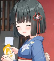  1girl :d ^_^ bag black_hair blue_kimono blunt_bangs blunt_ends blurry blurry_background blush bob_cut character_print closed_eyes commentary_request floral_print floral_print_kimono hanazora_satsuki hinoshita_kaho holding holding_bag japanese_clothes kimono link!_like!_love_live! love_live! momose_ginko momose_ginko_(summer_casual) obi obiage open_mouth outdoors print_kimono raised_inner_eyebrows sample_watermark sash short_hair smile solo upper_body virtual_youtuber watermark watermark_grid 
