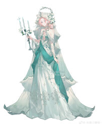  1girl absurdres arm_at_side arm_vines bare_shoulders blue_eyes braid breasts bug butterfly candelabra candle candlestand center_opening chinese_commentary chitang_xiao_qingwa choker commentary_request dress earrings english_text flower flower_braid flower_earrings flower_halo full_body gown green_choker green_dress hair_flower hair_ornament hair_over_shoulder halo halo_behind_head hand_up highres holding holding_candle holding_candlestand jewelry leaf_hair_ornament leaf_print lily_(flower) long_dress long_hair looking_at_viewer off-shoulder_dress off_shoulder original parted_bangs parted_lips pearl_earrings pink_hair pink_lips pink_nails plant print_dress shawl simple_background single_braid skirt_hold small_breasts solo standing tree_print two-tone_dress veil vines watermark wavy_sidelocks weibo_watermark white_background white_butterfly white_dress white_flower white_lily white_shawl white_veil 