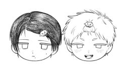  2boys bangs_pinned_back blush chibi chibi_only closed_mouth greyscale hair_pulled_back head_only hikaru_ga_shinda_natsu indou_hikaru male_focus mole mole_on_cheek mole_under_eye mole_under_mouth monochrome multiple_boys multiple_moles open_mouth short_eyebrows short_hair simple_background tsujinaka_yoshiki white_background x_x3999 