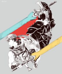  2boys alondite armor commentary_request cropped_torso eifilet fire_emblem fire_emblem:_radiant_dawn greyscale headband highres holding holding_sword holding_weapon ike_(fire_emblem) ike_(vanguard_legend)_(fire_emblem) male_focus monochrome multiple_boys ragnell short_hair simple_background spoilers spot_color sword weapon zelgius_(fire_emblem) zelgius_(jet-black_general)_(fire_emblem) 