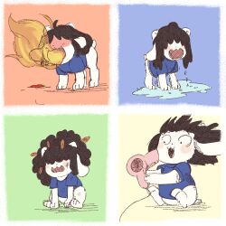  2016 2d animal black_hair blue_background blue_shirt border chilli commentary creature creature_focus dated_commentary digital_media english_commentary female fire floating_hair green_background hair_dryer hair_over_eyes holding holding_hair_dryer leaf leaf_in_hair multicolored_background multiple_animal_ears no_humans open_mouth orange_background petite-pumpkin puddle shirt simple_background solid_eyes temmie undertale utdr_(toby_fox) wet wet_hair white_background white_border white_fur yellow_background 