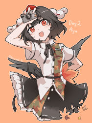  1girl :d aomurasaki_r arm_behind_back autumn autumn_leaves black_hair black_ribbon black_skirt black_wings blush buttons camera character_name commentary frilled_skirt frills hat highres holding holding_camera leaf leaf_print looking_at_viewer maple_leaf_print neck_ribbon open_mouth orange_background red_eyes red_hat ribbon shameimaru_aya shirt short_hair short_sleeves skirt smile solo tokin_hat touhou white_shirt wings 