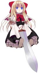  1girl apron black_dress black_shoes blonde_hair blue_eyes capelet closed_mouth commentary_request crote doll dress full_body hair_ribbon holding holding_sword holding_weapon large_variant_set long_sidelocks long_sleeves neck_ribbon puffy_long_sleeves puffy_sleeves red_ribbon ribbon shanghai_doll shoes sidelocks simple_background solo sword tachi-e touhou transparent_background variant_set weapon white_apron white_capelet 