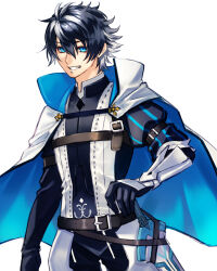 1boy arm_guards armor black_gloves black_hair blue_eyes cape charlemagne_(fate) commentary_request cowboy_shot double-parted_bangs fate/extella fate/extella_link fate/extra fate_(series) gloves grin hair_between_eyes highres lll15u18 long_hair long_sleeves looking_at_viewer male_focus multicolored_hair multiple_boys parted_lips puffy_long_sleeves puffy_sleeves shirt short_hair simple_background smile solo streaked_hair sword two-tone_hair upper_body weapon white_background white_cape white_hair 