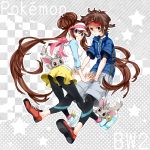  brown_eyes brown_hair double_bun female_protagonist_(pokemon_bw2) kumatani kyouhei_(pokemon) leggings legwear_under_shorts male_protagonist_(pokemon_bw2) mei_(pokemon) minccino pantyhose pokemon pokemon_(game) pokemon_bw2 raglan_sleeves shorts skirt twintails visor_cap 