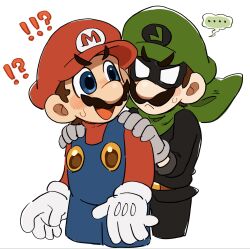  !? ... 2boys ascot black_pants black_shirt blue_eyes blue_overalls brown_hair commentary confused eye_mask facial_hair gloves green_ascot green_hat green_shirt grey_gloves hands_on_another's_shoulders hat hiding hiding_behind_another highres long_sleeves looking_at_another luigi male_focus mario mask mimimi_(mimimim9999) mr._l multiple_boys mustache open_mouth overalls pants paper_mario red_hat red_shirt shirt short_hair simple_background super_mario_bros. super_paper_mario surprised untranslatable_commentary white_gloves 