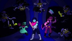  1girl 1other 2019 2d 6+boys ambiguous_gender animal_ears anthro armlet armor armored_boots axe barefoot battle black_armlet black_background black_boots black_cape black_fur black_hat black_jacket black_sclera blue_hair blue_skin body_fur bodysuit boots cape clone colored_sclera colored_skin colored_teeth colored_tongue commentary dark dark_background deltarune digital_media droopy_ears english_commentary fangs female floppy_ears furry furry_male gallifreyanpal gauntlets glasses goat goat_boy green_hat green_robe green_shoes green_tongue hair_over_eyes hat holding holding_axe holding_sword holding_weapon horns human humanoid imp jacket jester jester_cap jester_costume jevil kris_(dark_world)_(deltarune) kris_(deltarune) lizard lizard_girl lizard_tail long_hair long_sleeves male monster monster_girl multiple_boys neck_ruff pants pink_hair pink_scarf pink_skin pointy_ears purple_hat purple_pants ralsei ralsei_(hat) reptile reptile_girl reptile_tail robe round_eyewear scalie scarf sharp_teeth shoes short_hair simple_background sleeveless sleeveless_jacket slit_pupils spiked_armlet susie_(dark_world)_(deltarune) susie_(deltarune) sword tail teeth tongue tongue_out two-tone_hat utdr_(toby_fox) weapon wizard_hat yellow_sclera yellow_teeth 