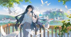  1girl absurdres against_railing artist_request austria bang_dream! bang_dream!_it's_mygo!!!!! bird black_hair breast_pocket closed_mouth collared_shirt commentary_request commission cup day disposable_cup dove dress_shirt earrings german_commentary grey_pants highres holding holding_cup jewelry long_hair mole mole_under_eye necklace outdoors pants pocket railing real_world_location second-party_source shiina_taki shirt sky solo very_long_hair violet_eyes 