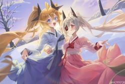  2girls :d absurdres ahoge bandaged_torso black_horns blonde_hair blue_eyes blue_skirt blush bright_pupils clear_(djmax) commentary djmax djmax_respect eyepatch fail_(djmax) fingernails grey_hair hair_between_eyes highres horns korean_commentary long_fingernails long_hair long_skirt long_sleeves looking_at_viewer multiple_girls open_mouth outdoors pink_shirt pink_skirt red_eyes shirt skirt skirt_hold smile snow teeth tree twintails twitter_username white_nails white_pupils white_shirt yc97 