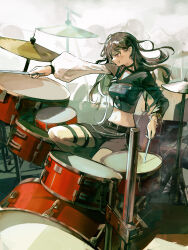  1girl absurdres bang_dream! bang_dream!_it's_mygo!!!!! black_choker black_hair black_shorts blue_jacket bracelet breasts choker commentary commission drum drum_set drumsticks earrings english_commentary highres holding holding_drumsticks instrument jacket jewelry long_hair long_sleeves medium_breasts midriff mole mole_under_eye music navel open_mouth playing_drums playing_instrument second-party_source shiina_taki shorts thigh_strap violet_eyes zhong_yangmei_shu_cc 