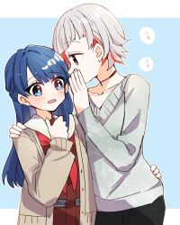  2girls black_pants blue_eyes blue_hair blush brown_cardigan brown_dress cardigan collarbone commentary_request cowboy_shot dollchestra dress grey_sweater half_updo hand_on_another's_hip hand_on_another's_shoulder hasu_no_sora_school_uniform highres kanduki_kamibukuro link!_like!_love_live! long_sleeves love_live! multicolored_hair multiple_girls murano_sayaka neckerchief open_cardigan open_clothes open_mouth pants profile rectangular_mouth red_eyes red_neckerchief red_streaks sailor_collar sailor_dress school_uniform streaked_hair sweater v-neck virtual_youtuber whispering whispering_in_ear white_sailor_collar wide-eyed winter_uniform yugiri_tsuzuri 