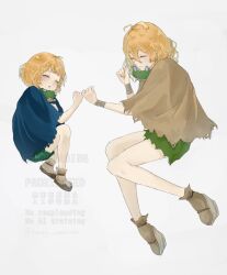  2girls age_comparison aged_down blonde_hair child closed_eyes commentary_request dr._stone dual_persona honey_comb8282 lying medium_hair multiple_girls on_side poncho short_hair simple_background sleeping stuffed_animal stuffed_toy suika_(dr.stone) time_paradox white_background 