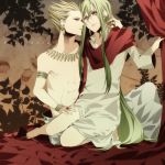  androgynous blonde_hair blue_eyes enkidu_(fate/strange_fake) fate/strange_fake fate/zero fate_(series) gilgamesh green_hair hair long_hair male multiple_boys rasshel red_eyes very_long very_long_hair 