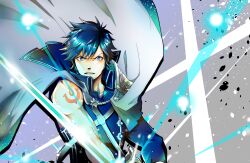  1boy arm_tattoo cape chrom_(fire_emblem) commentary falchion_(fire_emblem) fire_emblem fire_emblem_awakening floating_hair glowing glowing_sword glowing_weapon grey_background highres holding holding_sword holding_weapon looking_at_viewer male_focus short_hair single_sleeve solo sword tattoo weapon white_cape yuya_(euky8335) 