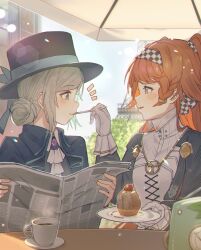  2girls absurdres ascot black_coat black_hat blue_bow blue_sky boater_hat bow checkered_hairband coat commentary_request cup cupcake dress eye_contact face-to-face feeding food gloves green_eyes grey_eyes grey_hair hair_bun hairband hat hat_bow highres holding holding_newspaper holding_utensil looking_at_another ms._radio multiple_girls newspaper notice_lines orange_hair outdoors parted_lips patio_umbrella profile radio reverse:1999 saucer single_side_bun sky smile sonetto_(reverse:1999) table teacup utensil_in_mouth vertin_(reverse:1999) white_ascot white_dress white_gloves yumegiwa_(skgl_thx) 