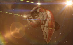  3d amarr_empire_(eve_online) attack_ship_(eve_online) beam_cannon brown_background cannon carthum_conglomerate_(eve_online) commentary cruiser_(eve_online) energy_beam energy_cannon english_commentary eve_online firing glowing highres laser laser_cannon lens_flare military_vehicle nebula no_humans omen_(eve_online) outdoors realistic science_fiction space spacecraft spacecraft_turret star_(sky) starry_sky_background sunburst vankaiser vehicle_focus viziam_(eve_online) 