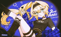  :o anniversary aqua_eyes black_boots black_hairband black_nails black_shirt black_shorts blonde_hair blue_background boots choker dokibird dokibird_(alt-girl_doki) english_text feet_out_of_frame hair_ornament hairband hairclip heart highres indie_virtual_youtuber jewelry lace-up_boots long_hair looking_at_viewer necklace open_mouth renkkai shirt short_shorts shorts sitting star_(symbol) virtual_youtuber 