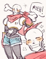  1boy 2025 2d arm_at_side armor blue_shorts bone cape carrying carrying_over_shoulder closed_eyes commentary cowboy_shot denim denim_shorts digital_media flower_(symbol) gloves highres holding holding_bone humanoid indigo-skullz male male_focus male_only monster monster_boy multiple_views papyrus_(undertale) red_cape red_gloves shorts simple_background skeleton smile solo speech_bubble standing teeth text thighs undead undertale utdr_(toby_fox) white_armor yellow_background 
