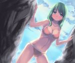  1girl beach blue_eyes blush breasts cleavage female front-tie_top green_hair highres large_breasts light_smile long_hair navel original rock saiste smile solo swimsuit 