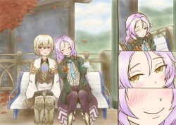  1boy 1girl bench blonde_hair blush braid butler cape clorica_(rune_factory) commentary_request corset female_butler highres juliet_sleeves lest_(rune_factory) long_hair long_sleeves mint_3_cocoa necktie on_bench pantyhose puffy_shorts puffy_sleeves purple_corset purple_hair purple_pantyhose rune_factory rune_factory_4 scene_reference short_hair shorts sleeping sleeping_on_person smile twin_braids white_cape yellow_eyes 