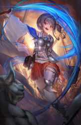  1girl absurdres ahoge armor battlefield blue_fire braid brown_hair commentary_request commission cuirass cuisses detached_sleeves fantasy fire flaming_weapon hair_ribbon hakama hakama_short_skirt hakama_skirt half_up_braid highres holding holding_sword holding_weapon japanese_clothes katana knight medium_hair monster nontraditional_miko open_mouth original pauldrons pleated_skirt poleyn red_eyes red_skirt ribbon shirt shoulder_armor side_ponytail single_pauldron skeb_commission skirt smile sword taku57 tassets weapon white_shirt wide_sleeves 