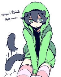  1boy animal_ears cat_boy cat_ears cat_tail chinese_commentary chinese_text commentary_request girly_boy green_eyes green_hoodie grey_hair hair_between_eyes highres hood hood_up hoodie jitome kemonomimi_mode long_sleeves looking_at_viewer male_focus open_clothes open_hoodie pink_thighhighs poodle_(lofter_1389564) short_hair simple_background sitting sketch solo striped_clothes striped_thighhighs tail tail_wagging thigh-highs translation_request turtle_shell vedal987 vedal_ai virtual_youtuber white_background 