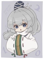  1girl artist_name blue_eyes blue_hat commentary crossed_bangs grey_hair hair_between_eyes harukairo hat highres japanese_clothes kariginu long_hair long_sleeves mononobe_no_futo parted_lips ribbon-trimmed_sleeves ribbon_trim solo tate_eboshi touhou turtleneck untranslatable_commentary upper_body 