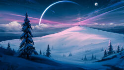  aenamiart aurora cabin clouds commentary english_commentary highres landscape moon mountain nebula original pine_tree power_lines scenery shooting_star sky snow star_(sky) starry_sky sunset tree 