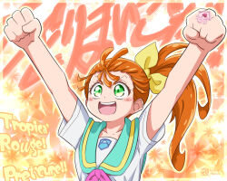  1girl aoneco aozora_middle_school_uniform aqua_sailor_collar arms_up artist_logo artist_name dated green_eyes hair_pulled_back hair_ribbon jewelry logo long_hair natsuumi_manatsu neckerchief open_mouth orange_hair pink_neckerchief precure raised_fists ribbon ring sailor_collar school_uniform serafuku shirt short_sleeves side_ponytail signature smile solo tropical-rouge!_precure white_shirt yellow_ribbon 