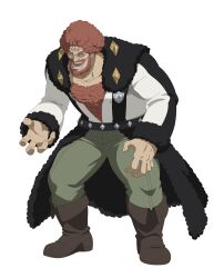  1boy absurdres afro beard black_clover black_clover_m:_rise_of_the_wizard_king black_coat boots broccos brown_boots brown_hair coat facial_hair full_body green_pants highres incredibly_absurdres looking_at_viewer multicolored_coat non-web_source official_art open_mouth pants simple_background solo teeth thick_chest_hair transparent_background two-tone_coat white_coat 