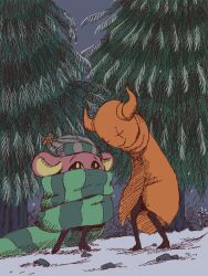  +_+ 2016 2d animal_ears beanie colored_sclera commentary covered_mouth dated_commentary digital_media duo english_commentary full_body furry green_scarf green_stripes hat height_difference horns leaning_forward mouse mouse_ears nacarat_jester orange_horns outdoors petite-pumpkin pine_tree scarf scarf_mouse standing striped_hat striped_scarf tree undertale utdr_(toby_fox) yellow_sclera 