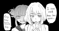  2girls absurdres bags_under_eyes behind_another black_background blunt_bangs blush_stickers boku_no_hero_academia chinese_commentary collared_sweater commentary double_bun english_text fangs gay_gay_homosexual_gay_(meme) greyscale grin hair_bun hand_on_own_chest highres medium_hair meme messy_hair monochrome multiple_girls ogayhellotoo portrait ribbed_sweater sailor_collar school_uniform serafuku sidelocks sketch sleeveless sleeveless_sweater smile speech_bubble sweater toga_himiko uraraka_ochaco 