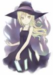  1girl alternate_costume bare_shoulders blonde_hair braid card contemporary dress hat highres kirisame_marisa light_smile long_hair single_braid smile solo touhou wind witch witch_hat yellow_eyes 