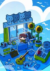  1girl absurdres alarm_clock bed bird blue_sky blue_theme blush blush_stickers book bookmark bookshelf bow bowtie briefcase brown_eyes brown_hair clock clouds cumulonimbus_cloud curtains cushion day desk electric_fan flower flower_pot full_body guitar half-closed_eyes headphones highres horizon indoors instrument isometric listening_to_music looking_to_the_side lying ocean original outdoors pen pencil_case picooon pillow ponytail red_bow red_bowtie school_briefcase school_uniform seagull serafuku shirt skirt sky solo stuffed_animal stuffed_toy summer sunflower sunlight teddy_bear trash trash_can unworn_clothes unworn_shirt unworn_skirt white_bird window yellow_shirt 