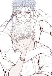  2boys adjusting_eyewear archer_(fate) blue_hair bracelet brown_eyes commentary_request cu_chulainn_(fate) earrings fate/grand_order fate_(series) highres hiyuri hug hug_from_behind jewelry long_hair looking_at_viewer male_focus multiple_boys partially_colored red_eyes shirt short_hair simple_background smile upper_body white_background 