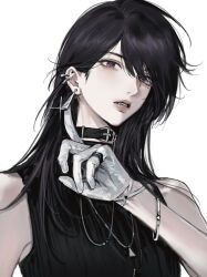  1girl bang_dream! bang_dream!_it's_mygo!!!!! black_choker black_hair black_shirt choker commentary commission ear_piercing earrings glint gloves highres jewelry mole mole_under_eye necklace open_mouth piercing ring second-party_source shiina_taki shirt simple_background siy_(shengxiu760722) sleeveless sleeveless_shirt solo upper_body violet_eyes watermark weibo_watermark white_background white_gloves 