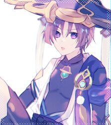  1boy :p anemo_symbol_(genshin_impact) armor arms_at_sides black_bodysuit black_bow black_bridal_gauntlets black_shorts blue_cape blue_gem blue_hat blue_sleeves blunt_ends bodysuit bow bridal_gauntlets cape covered_collarbone feathers gem genshin_impact gold grey_pupils hakama hakama_shorts hashtag-only_commentary hat japanese_armor japanese_clothes jingasa knee_up kote kurokote layered_sleeves looking_at_viewer male_focus mandarin_collar pink_hair pleated_shorts pom_pom_(clothes) purple_theme raised_eyebrow scaramouche_(genshin_impact) short_sleeves shorts shoulder_peek sitting solo tongue tongue_out violet_eyes wanderer_(genshin_impact) white_background white_sleeves yellow_feathers zkym78 