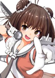  1girl absurdres antenna_hair black_neckerchief brown_eyes brown_hair commentary_request double_bun foreshortening gloves hair_bun highres holding holding_microphone kantai_collection microphone naka_(kancolle) naka_kai_ni_(kancolle) neckerchief orange_shirt rigging sailor_collar school_uniform serafuku shirt short_hair smile solo tastas white_background white_gloves white_sailor_collar 