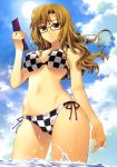  1girl absurdres bare_shoulders bikini blue_sky breasts brown_eyes brown_hair cellphone checkered checkered_bikini cloud clouds female from_behind fujima_takuya glasses highres kiryuu_moeka long_hair looking_at_viewer mound_of_venus navel parted_lips phone shiny shiny_skin side-tie_bikini sky solo steins;gate sun swimsuit under_boob underboob wading 