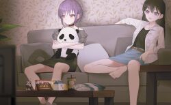  2girls absurdres anli_(jwcpp4sum0mgk5r) bang_dream! bang_dream!_it's_mygo!!!!! barefoot belt black_choker black_hair black_skirt blue_skirt brand_name_imitation brown_belt bubble_tea chinese_commentary choker commentary_request couch drink_carton frilled_shirt frills grey_shirt highres indoors jacket long_hair meiji_(brand) milk_carton mole mole_under_eye multiple_girls off-shoulder_shirt off_shoulder open_clothes open_jacket open_mouth pillow pink_eyes purple_hair shiina_taki shirt short_hair skirt soles stuffed_animal stuffed_panda stuffed_toy three-quarter_sleeves violet_eyes white_jacket yuutenji_nyamu 